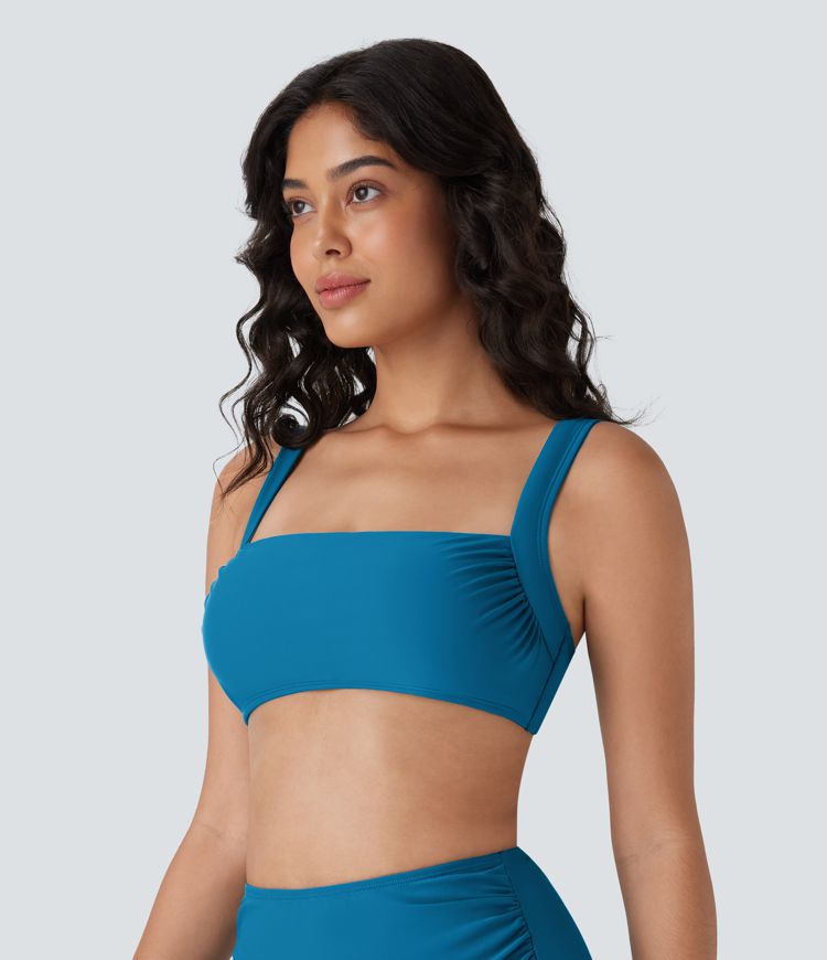 Square Neck Ruched Adjustable Strap Bikini Top Swimsuit