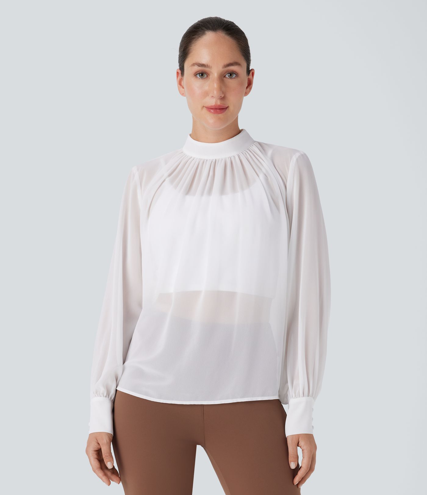 Sheer Stand Collar Button Long Sleeve Work Blouse