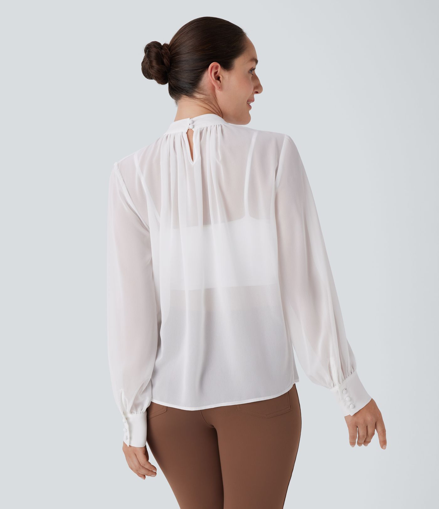 Sheer Stand Collar Button Long Sleeve Work Blouse