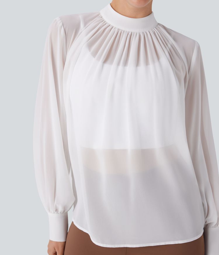 Sheer Stand Collar Button Long Sleeve Work Blouse