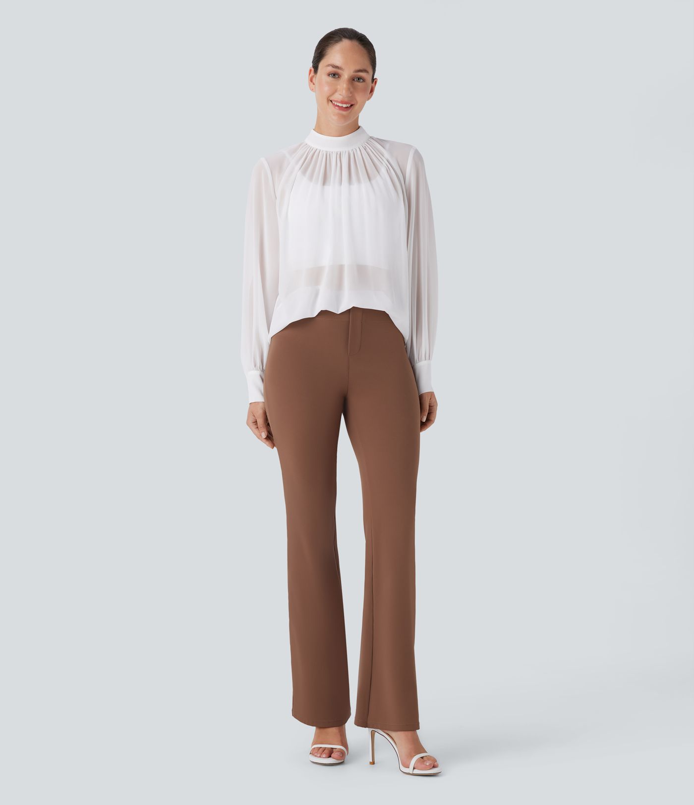 Sheer Stand Collar Button Long Sleeve Work Blouse