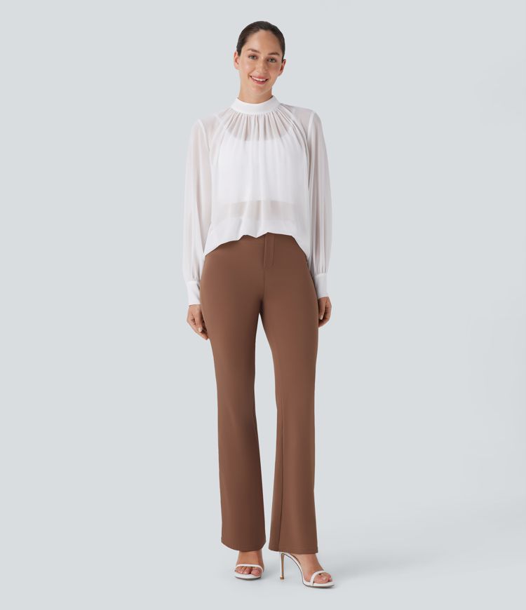 Sheer Stand Collar Button Long Sleeve Work Blouse