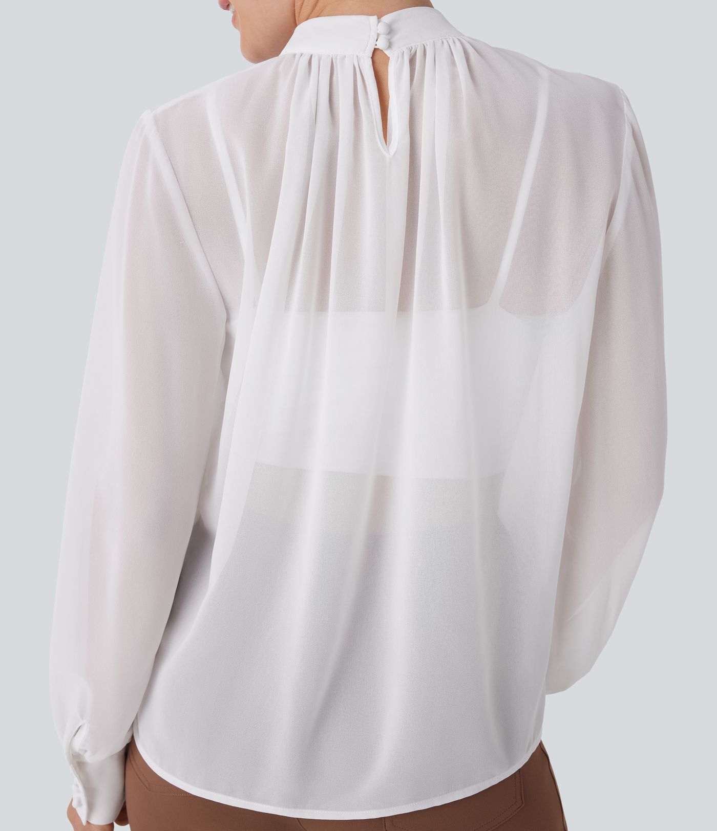 Sheer Stand Collar Button Long Sleeve Work Blouse