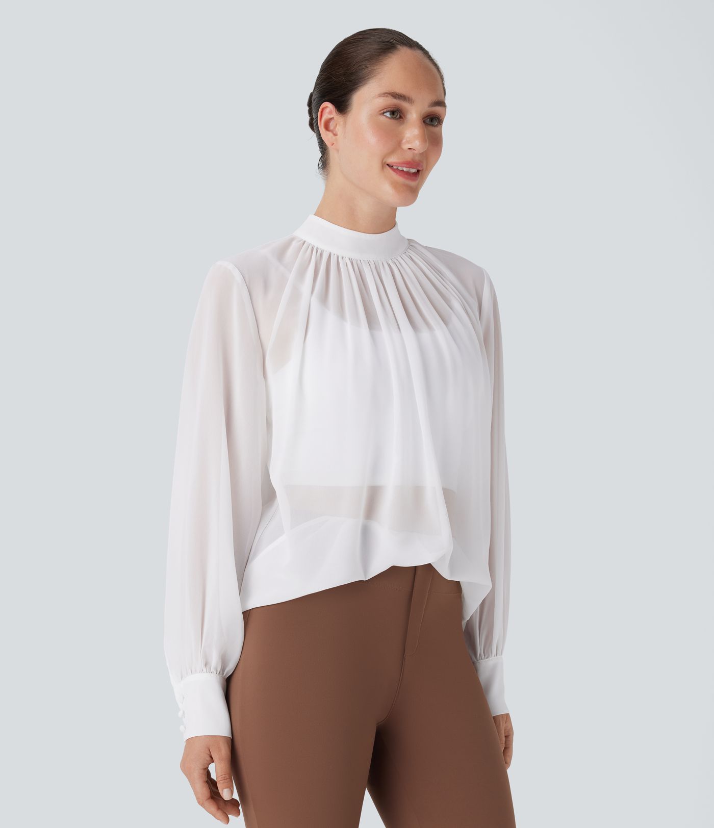 Sheer Stand Collar Button Long Sleeve Work Blouse