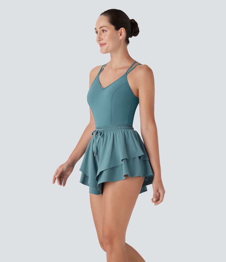 Breezeful™ Double Straps Backless Crisscross Drawstring Layered 2-in-1 Quick Dry Yoga Romper