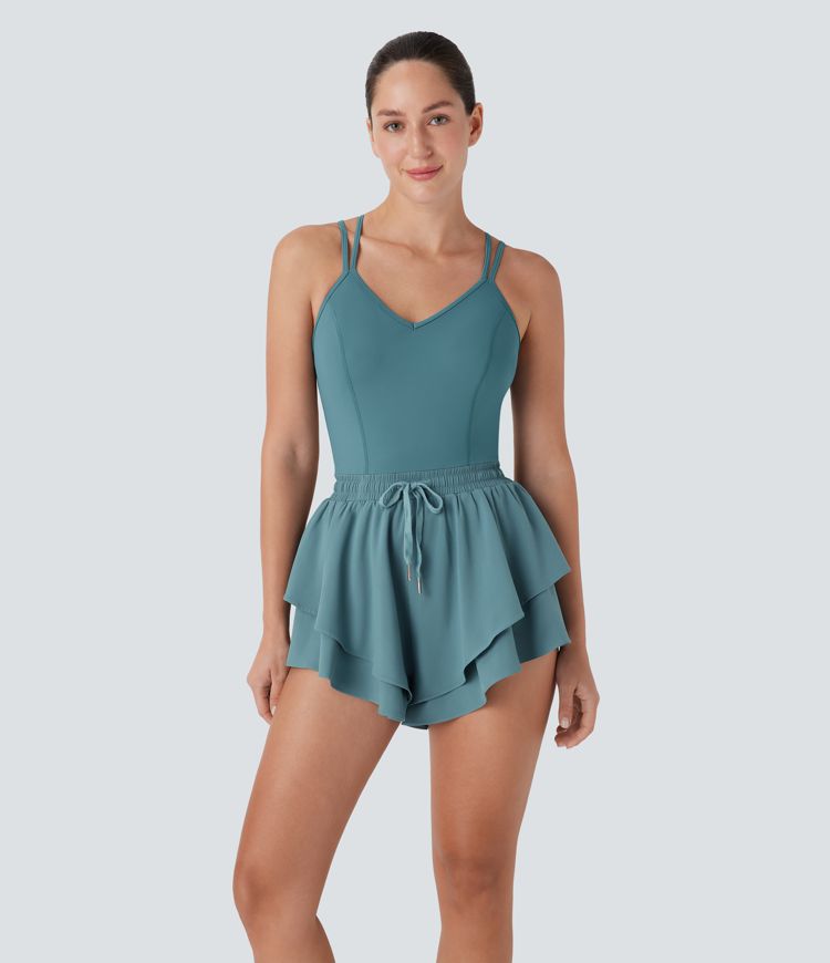 Breezeful™ Double Straps Backless Crisscross Drawstring Layered 2-in-1 Quick Dry Yoga Romper