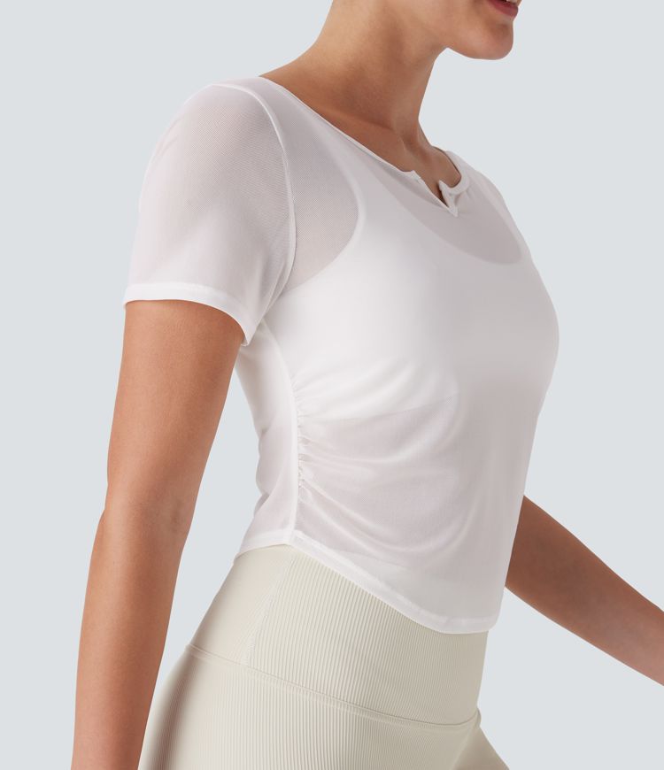 Sheer Mesh V Notch Short Sleeve Ruched Curved Hem Yoga Sports Top