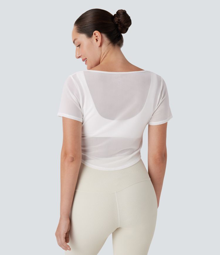 Sheer Mesh V Notch Short Sleeve Ruched Curved Hem Yoga Sports Top