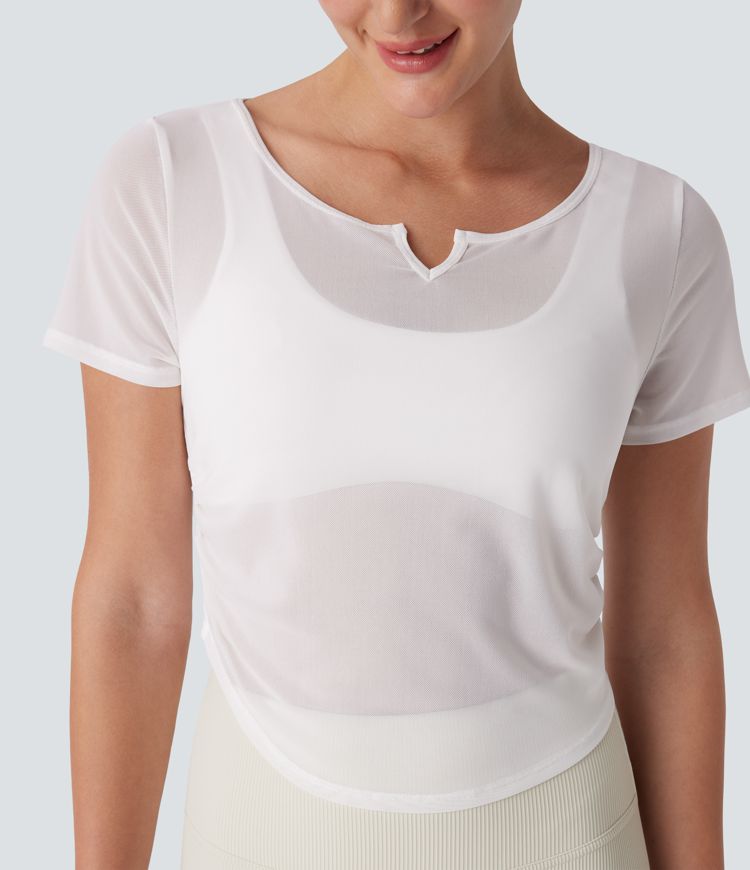 Sheer Mesh V Notch Short Sleeve Ruched Curved Hem Yoga Sports Top