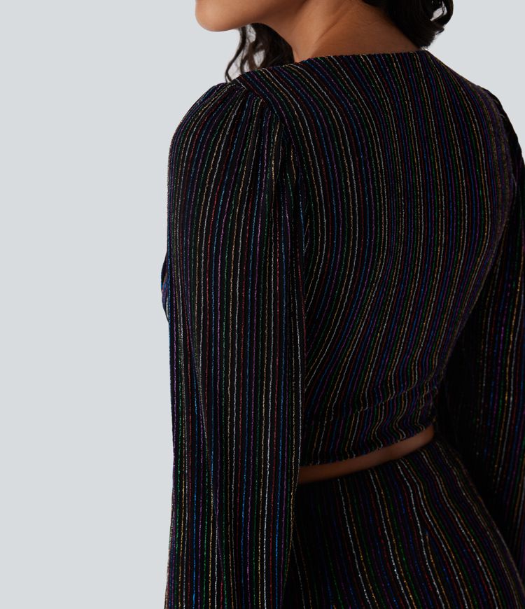 V Neck Long Sleeve Metallic Stripe Cropped Casual Top