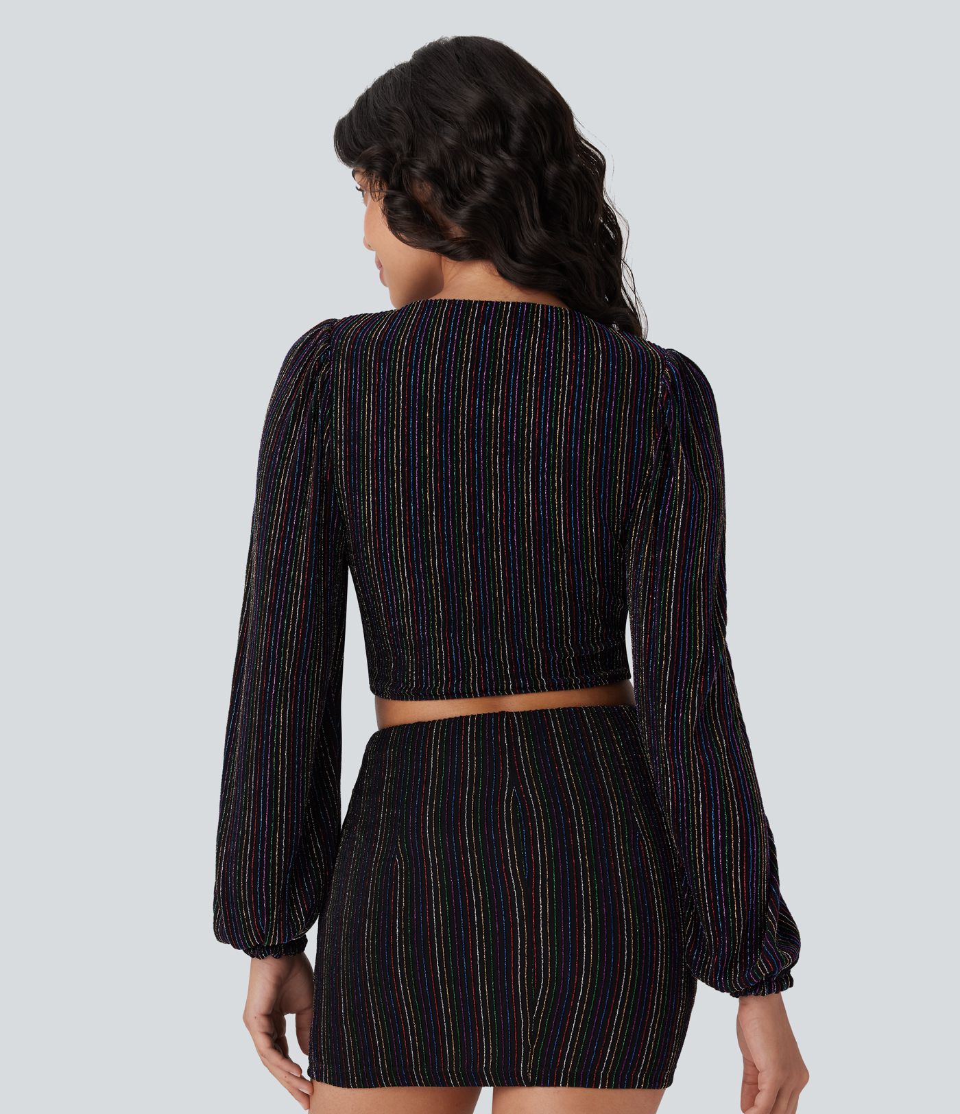 V Neck Long Sleeve Metallic Stripe Cropped Casual Top