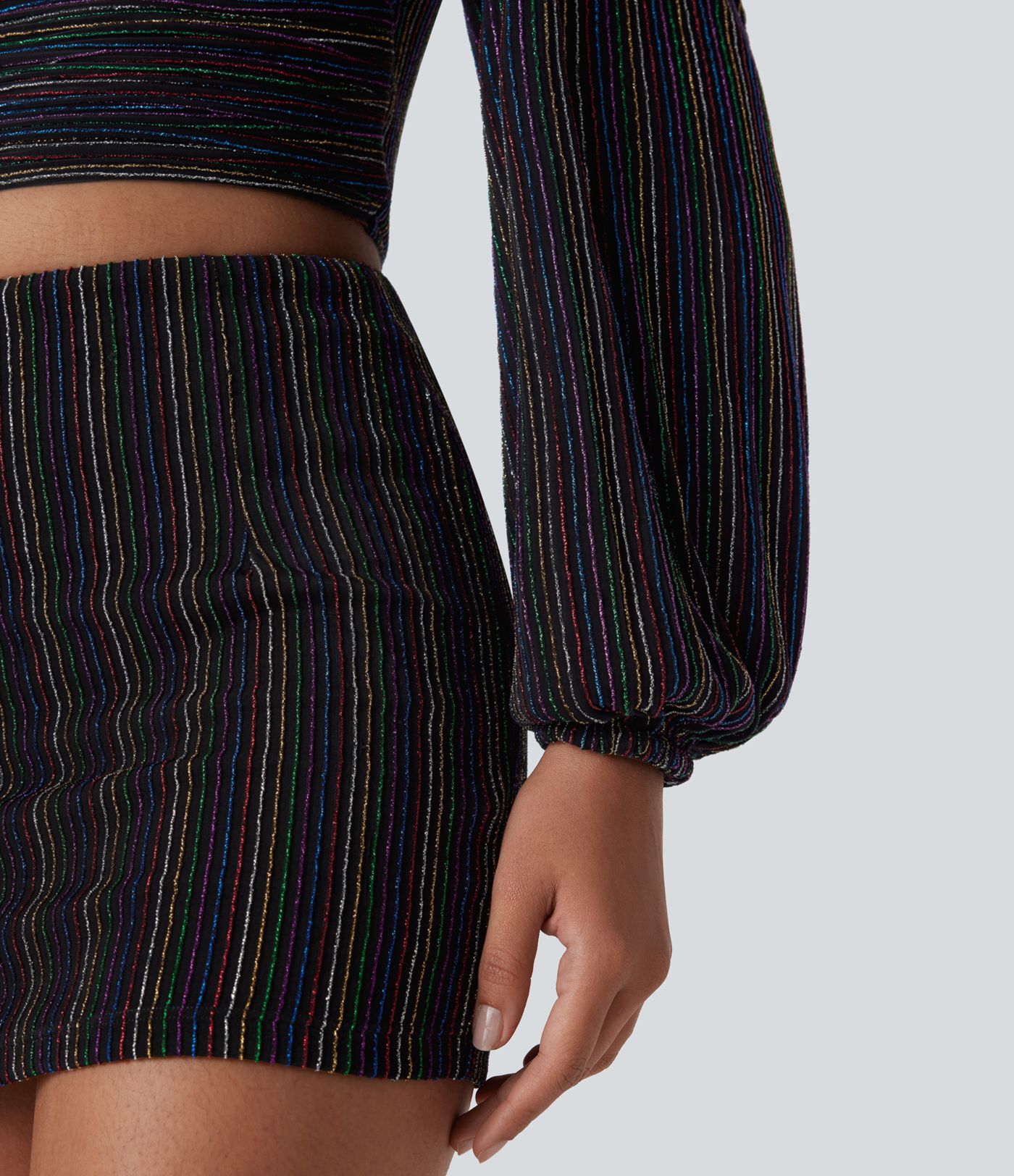 V Neck Long Sleeve Metallic Stripe Cropped Casual Top