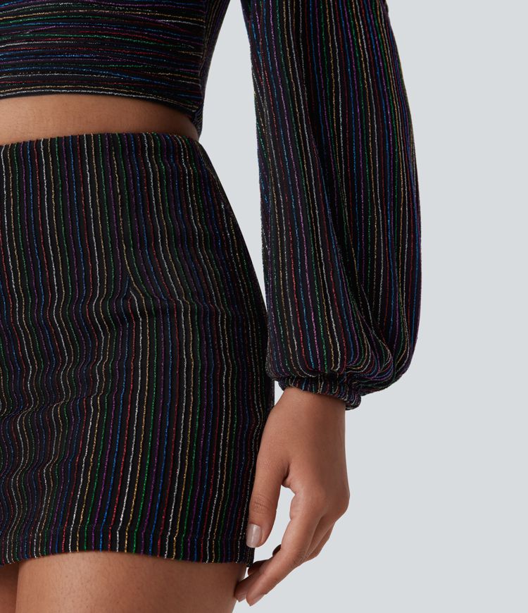 V Neck Long Sleeve Metallic Stripe Cropped Casual Top