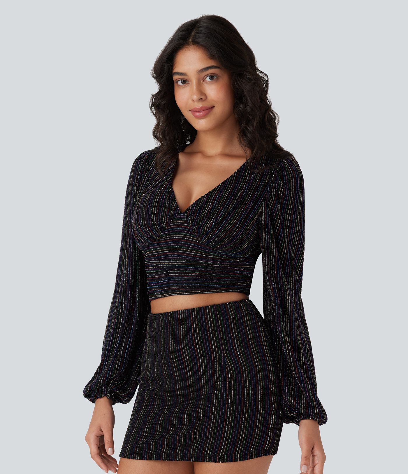 V Neck Long Sleeve Metallic Stripe Cropped Casual Top