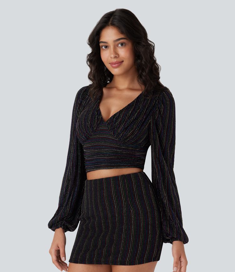 V Neck Long Sleeve Metallic Stripe Cropped Casual Top