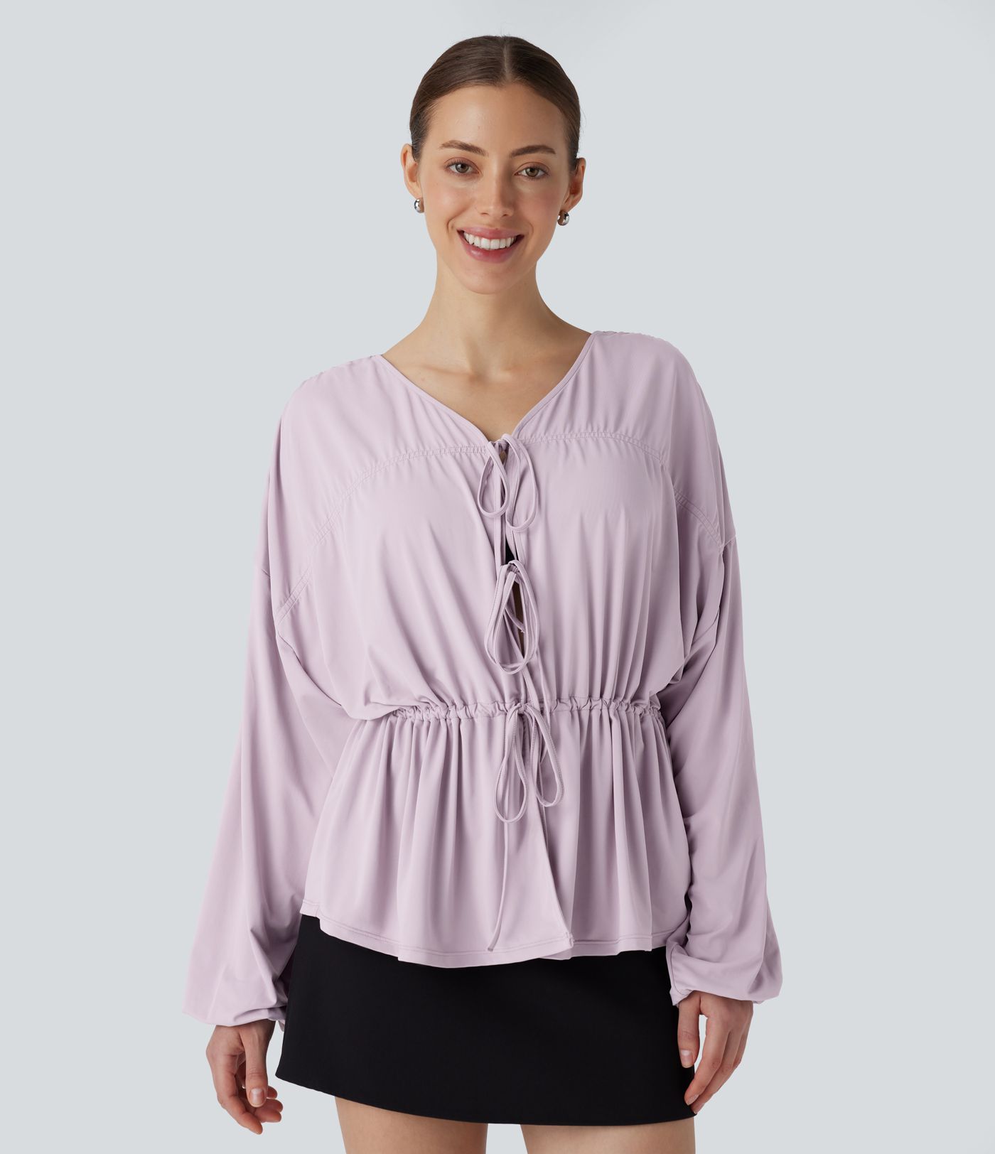 Long Sleeve Lace Up Drawstring Work Blouse