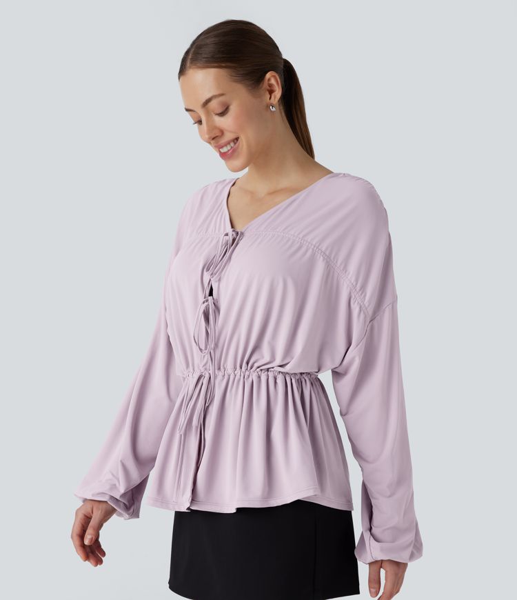 Long Sleeve Lace Up Drawstring Work Blouse