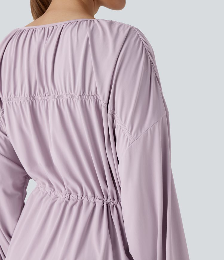 Long Sleeve Lace Up Drawstring Work Blouse