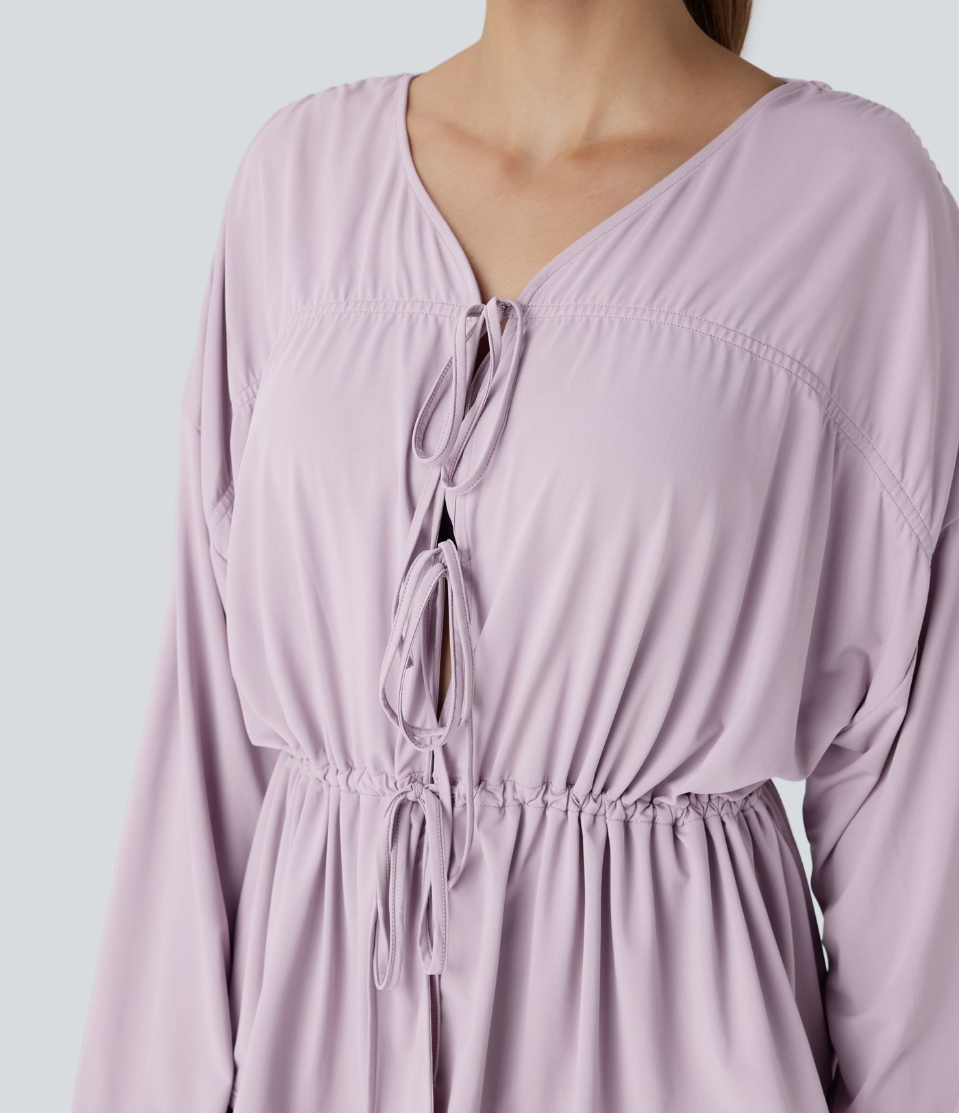 Long Sleeve Lace Up Drawstring Work Blouse