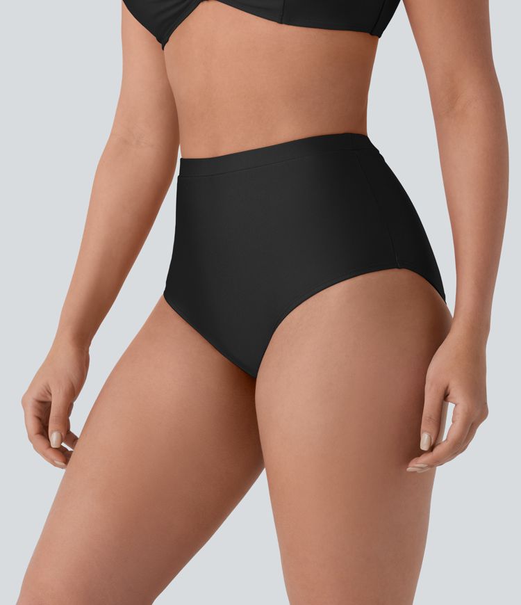 High-waisted bottom control bikini bottoms with a glossy finish