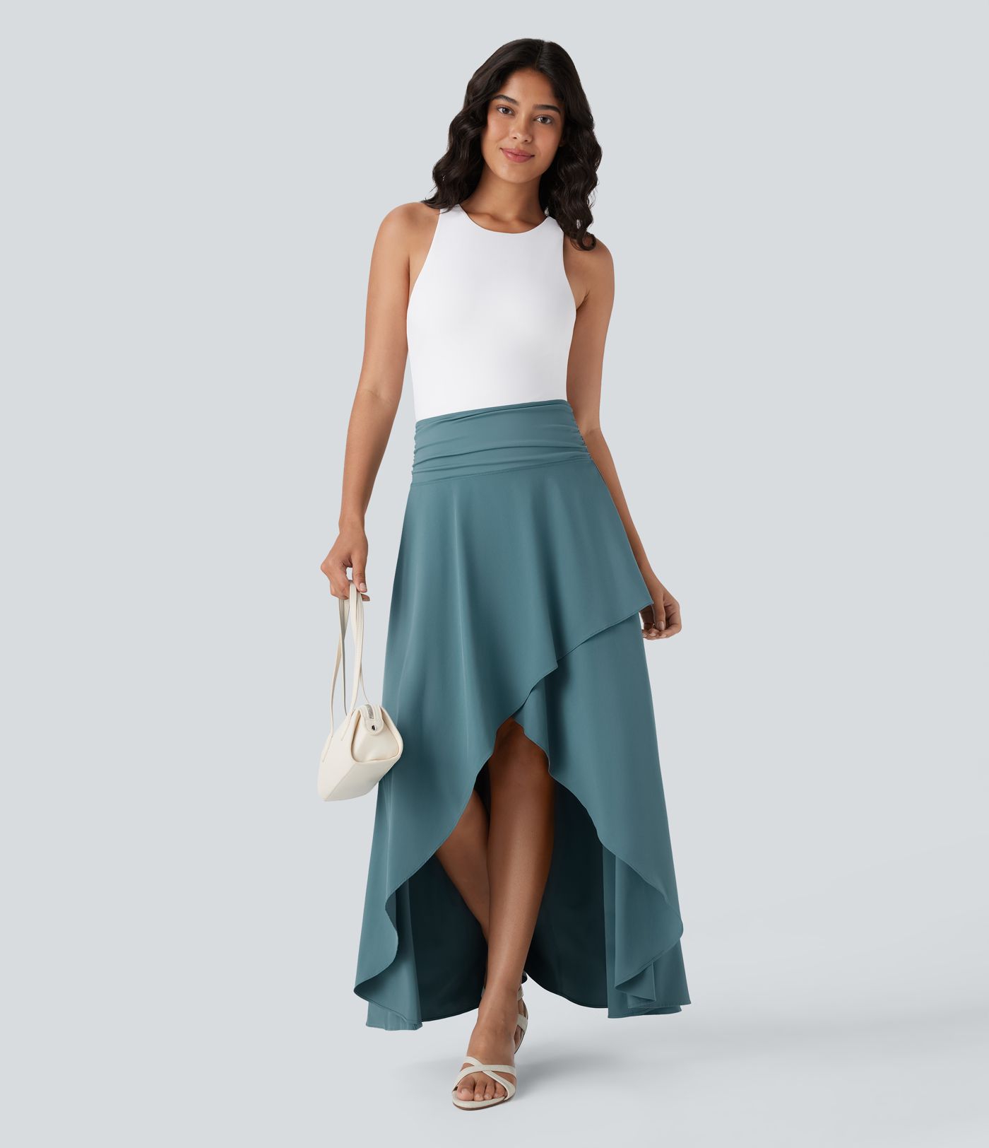 Breezeful™ - Fließender, geraffter 2-in-1 Arbeits-Maxirock mit hohem Bund, unsichtbarem Reißverschluss und High-Low-Design - schnelltrocknend