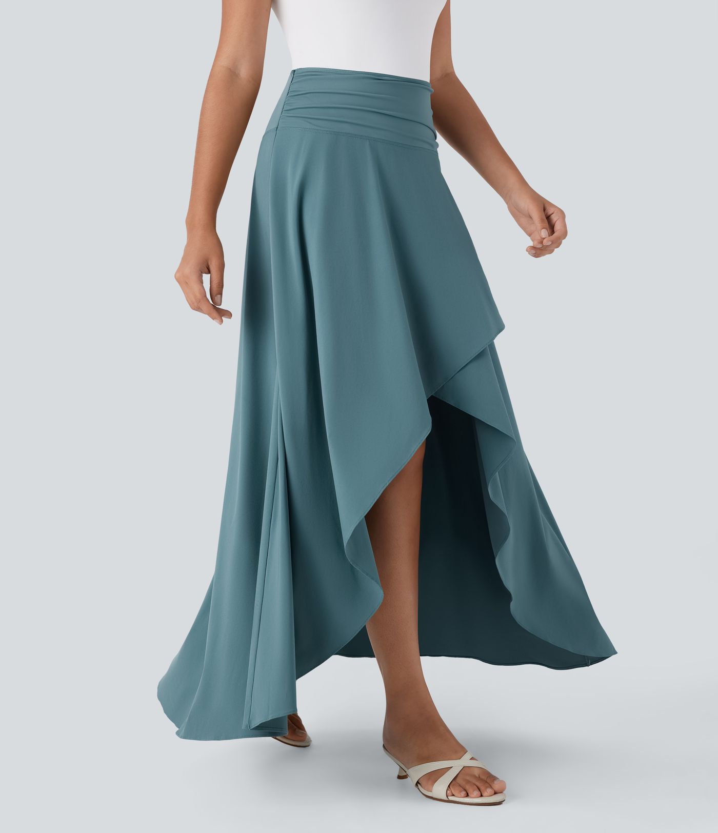 Breezeful™ - Fließender, geraffter 2-in-1 Arbeits-Maxirock mit hohem Bund, unsichtbarem Reißverschluss und High-Low-Design - schnelltrocknend