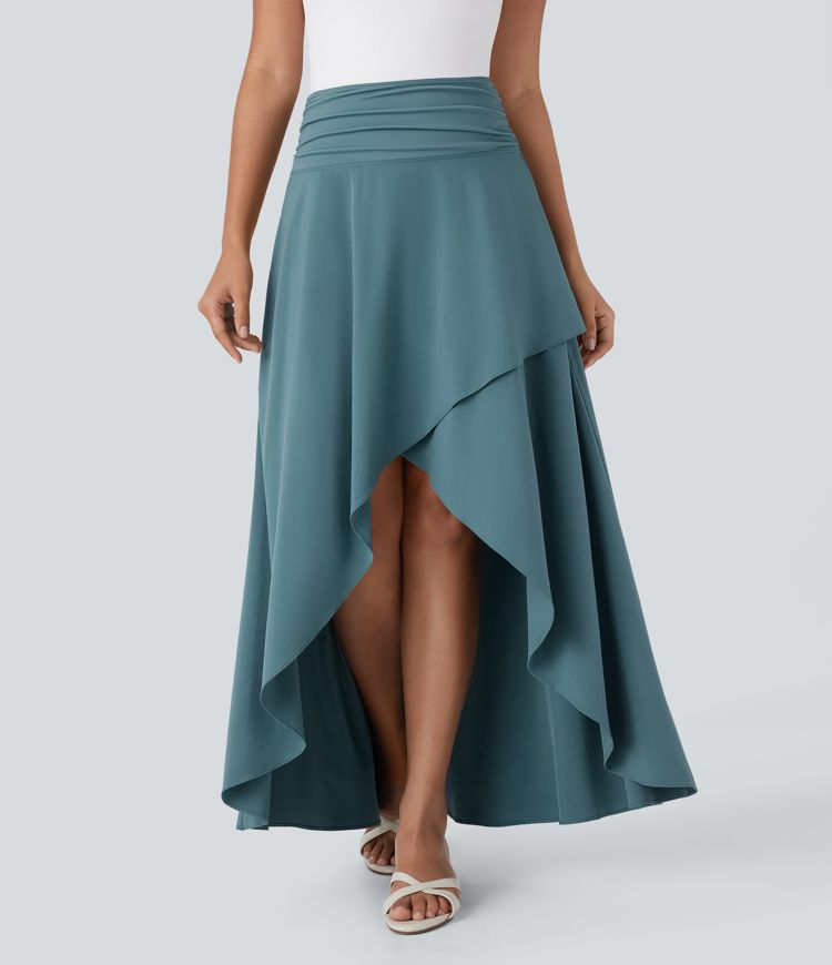 Breezeful™ - Fließender, geraffter 2-in-1 Arbeits-Maxirock mit hohem Bund, unsichtbarem Reißverschluss und High-Low-Design - schnelltrocknend