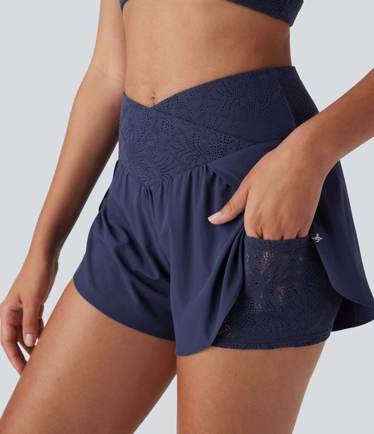 Breezeful™ High Waisted Crossover 2-in-1 Pocket Contrast Lace Quick Dry Yoga Shorts 3''