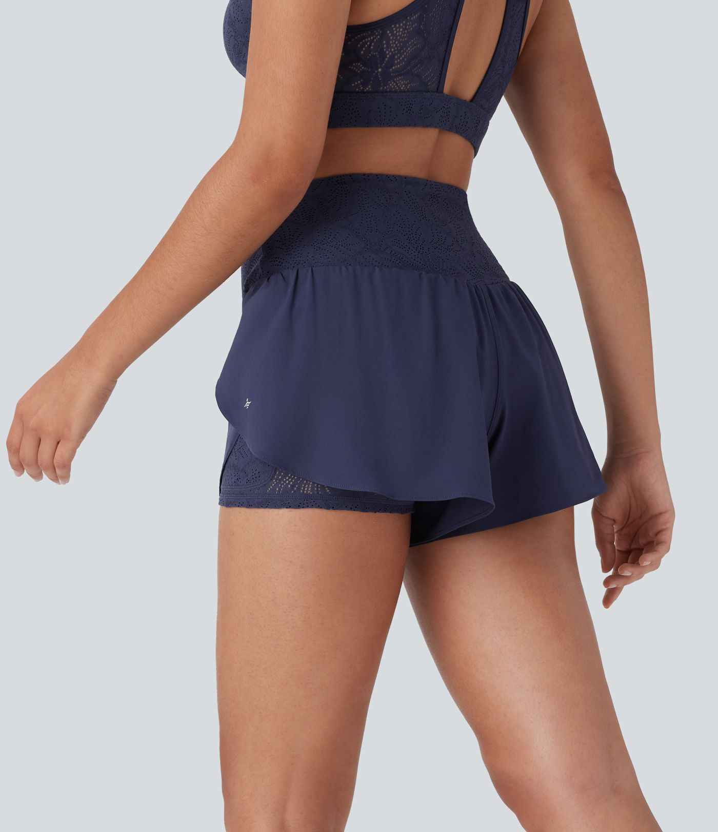 Breezeful™ High Waisted Crossover 2-in-1 Side Pocket Contrast Lace Quick Dry Yoga Shorts 3''