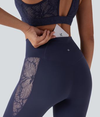 Softlyzero™ High Waisted Crossover Contrast Lace Capri Yoga Leggings-UPF50+