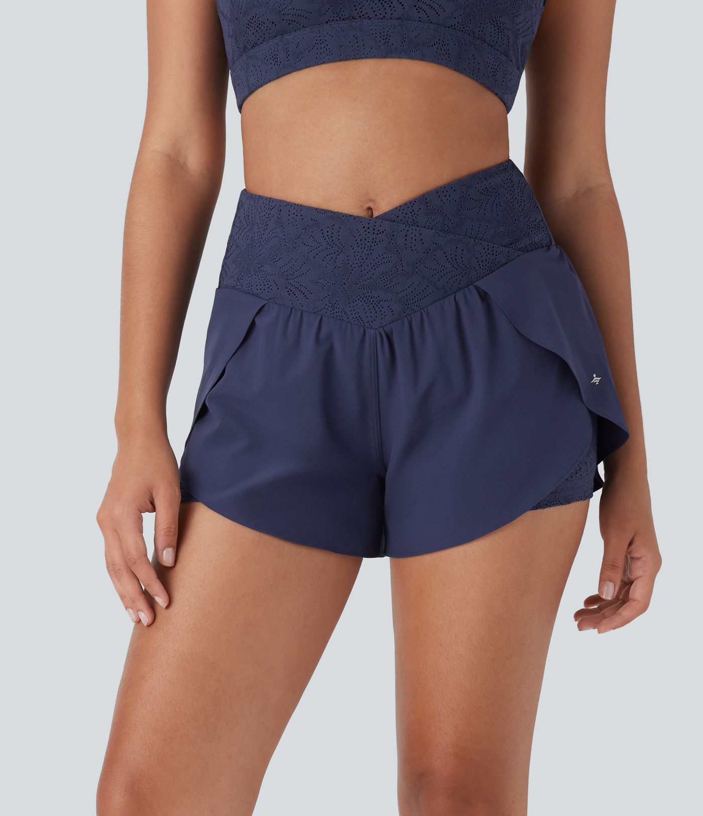 Breezeful™ High Waisted Crossover 2-in-1 Side Pocket Contrast Lace Quick Dry Yoga Shorts 3''