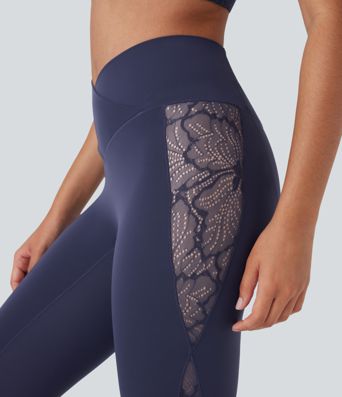 Softlyzero™ High Waisted Crossover Contrast Lace Capri Yoga Leggings-UPF50+
