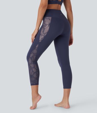 Softlyzero™ High Waisted Crossover Contrast Lace Capri Yoga Leggings-UPF50+