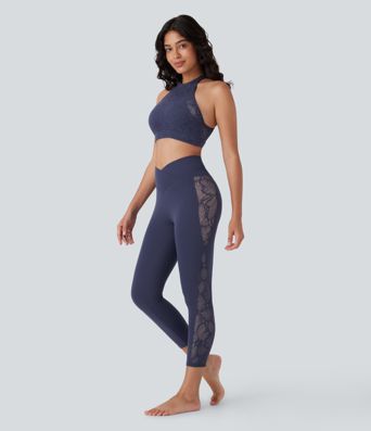 Softlyzero™ High Waisted Crossover Contrast Lace Capri Yoga Leggings-UPF50+