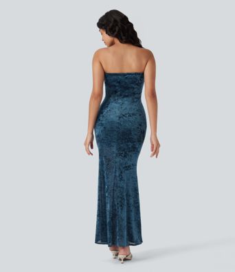 Robe longue bustier moulante coupe sirène en velours et résille
