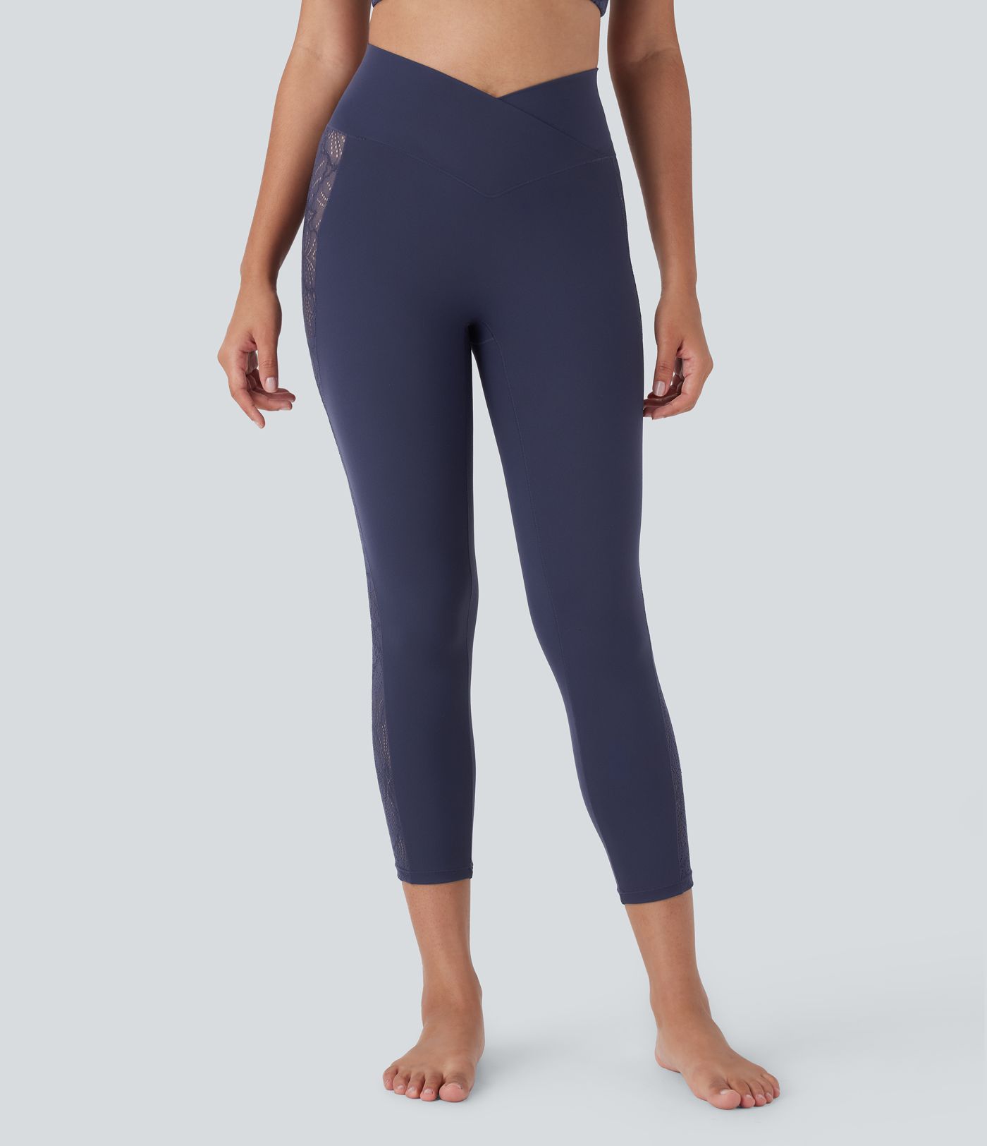 Softlyzero™ High Waisted Crossover Contrast Lace Capri Yoga Leggings-UPF50+