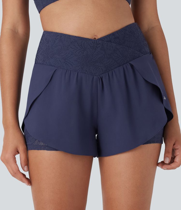 Breezeful™ High Waisted Crossover 2-in-1 Pocket Contrast Lace Quick Dry Yoga Shorts 3''