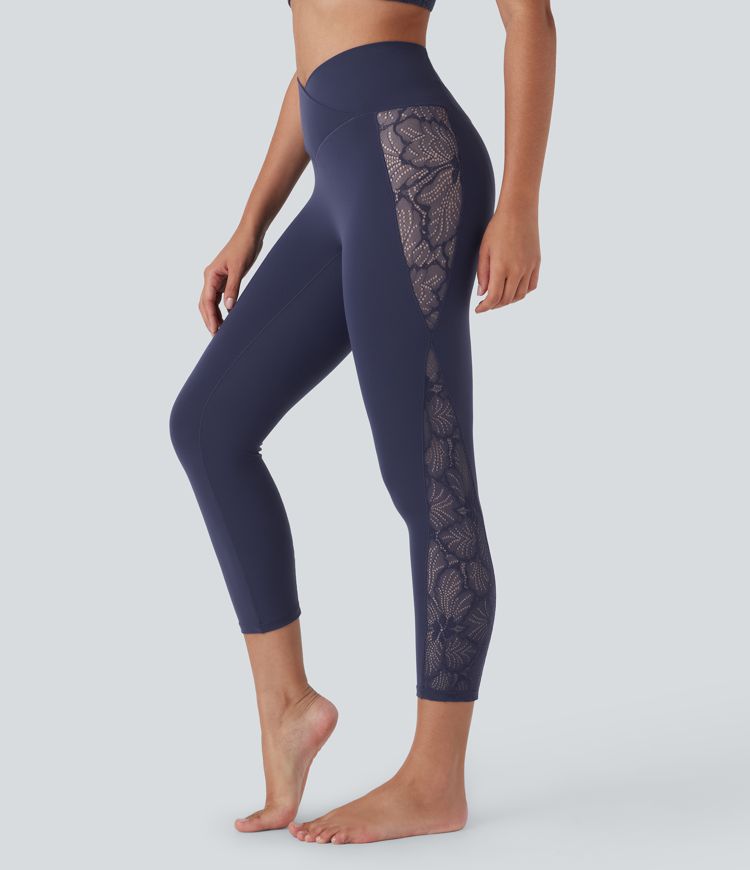 Softlyzero™ High Waisted Crossover Contrast Lace Capri Yoga Leggings-UPF50+