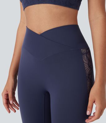 Softlyzero™ High Waisted Crossover Contrast Lace Capri Yoga Leggings-UPF50+