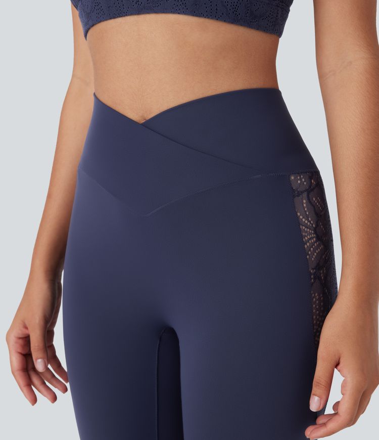 Softlyzero™ High Waisted Crossover Contrast Lace Capri Yoga Leggings-UPF50+