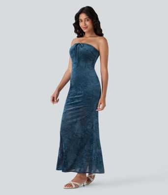 Robe longue bustier moulante coupe sirène en velours et résille