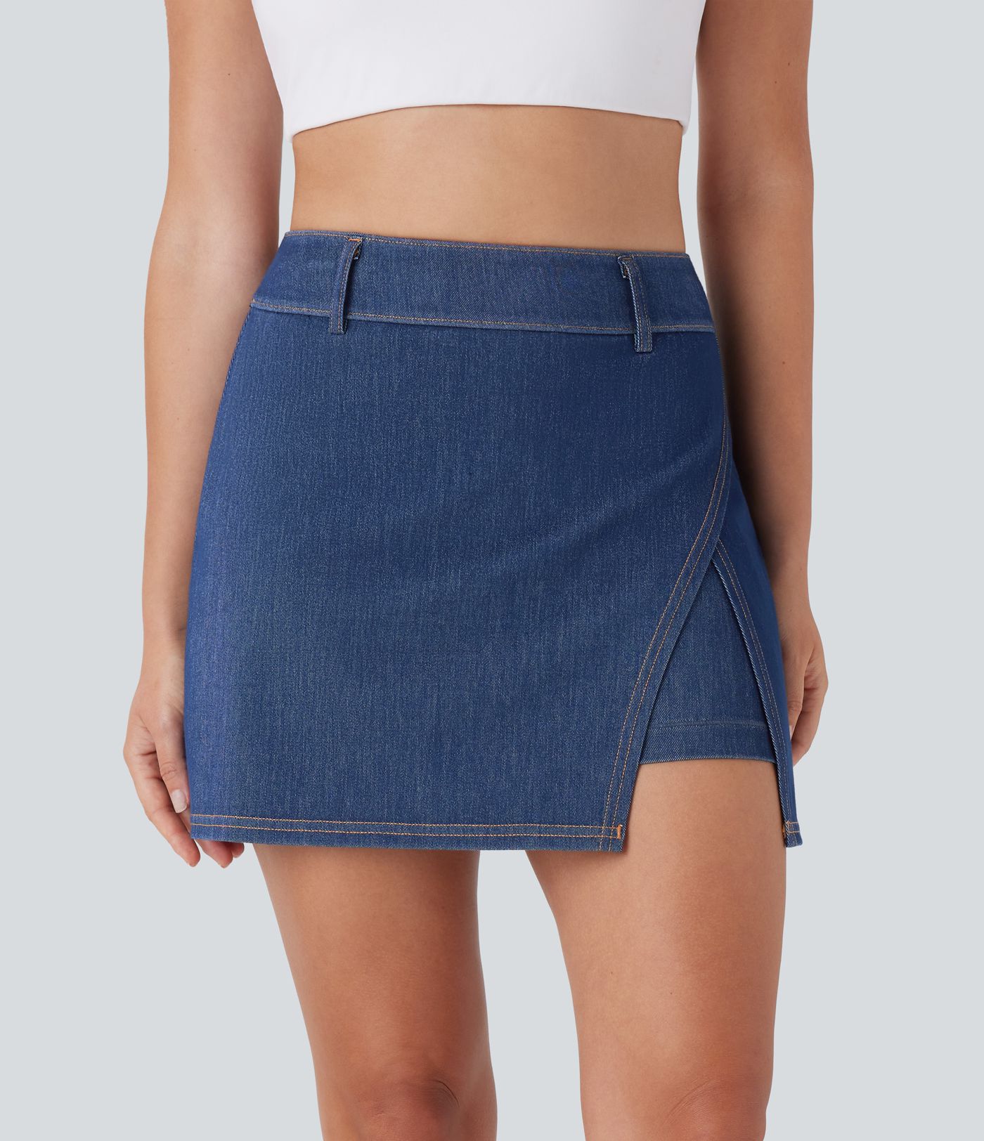 Halara Flex™ Mini-jupe de tennis en denim lavé 2-en-1 taille haute avec technologie Cool Touch et poche Halara Flex™ Mini-jupe de tennis en denim lavé 2-en-1 taille haute avec technologie Cool Touch et poche
