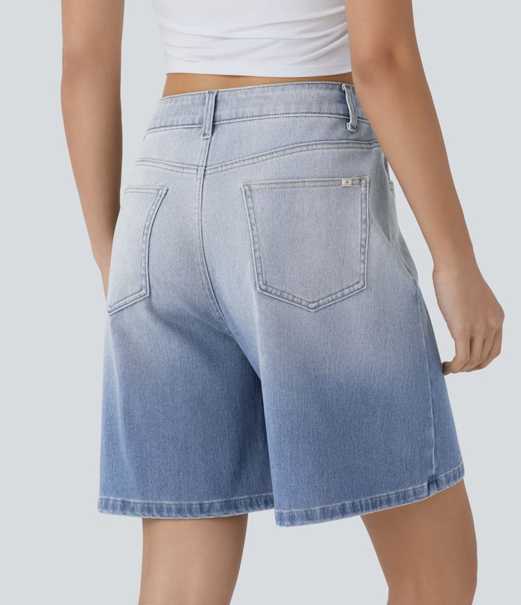 Halara Flex™ High Waisted Zipper Pockets Gradient Denim Casual Bermuda Shorts 7''