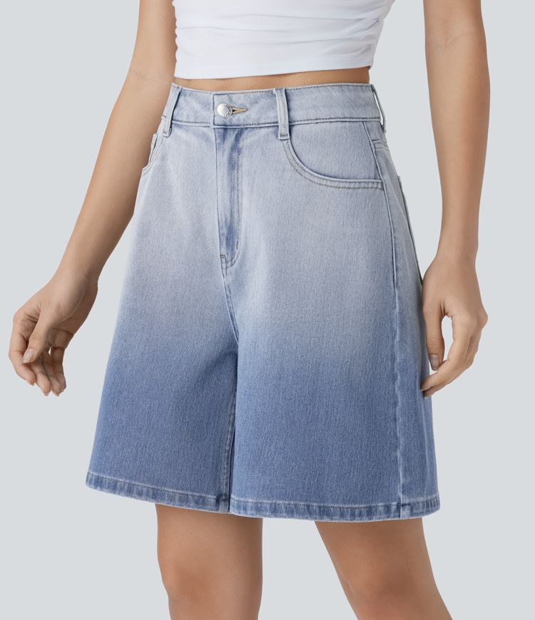 Halara Flex™ High Waisted Zipper Pockets Gradient Denim Casual Bermuda Shorts 7''