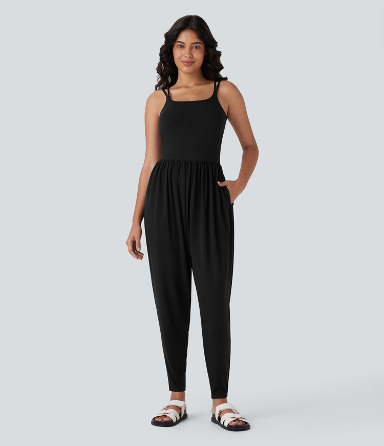 Backless Twisted Double Straps Side Pocket Harem Casual Jumpsuit-Easy Peezy