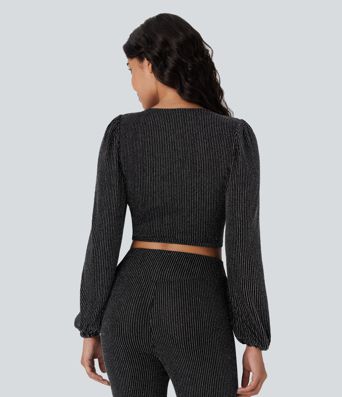 Crop top col V manches longues, effet sparkle