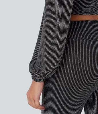 Crop top col V manches longues, effet sparkle