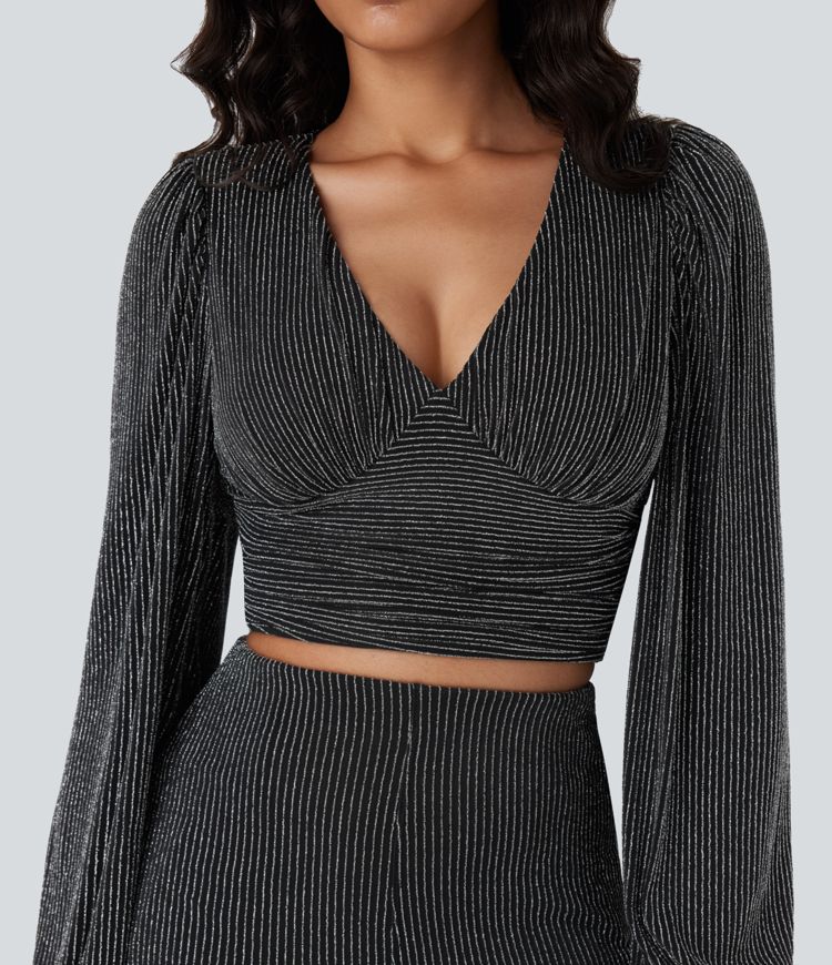 Crop top col V manches longues, effet sparkle