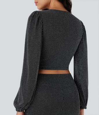 Crop top col V manches longues, effet sparkle