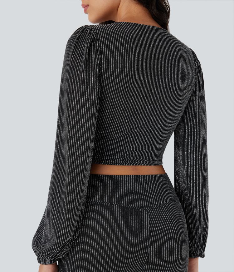 Crop top col V manches longues, effet sparkle